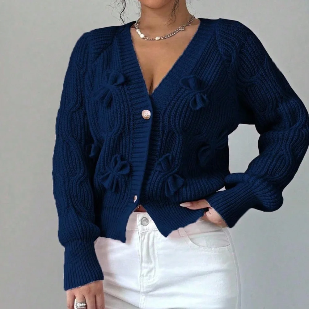Classic Solid Bow Detail Button Down Fitted Cardigan